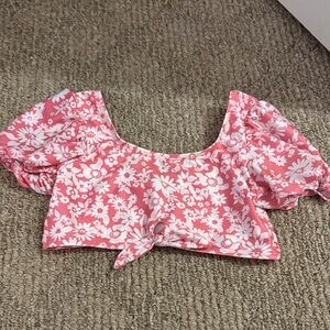 GAP Pink and White Floral Tie-Front Puff Sleeve Bikini Top